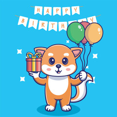 Illustration vector grapich of cute shiba inu dog holding balloons and gift perfect for birthday card and invitation 