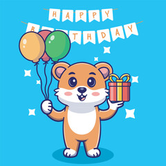 Illustration vector grapich of cute hamster holding balloons and gift perfect for birthday card and invitation 