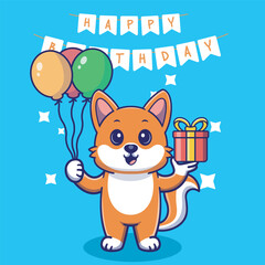 Illustration vector grapich of cute fox holding a balloon and gift perfect for birthday card and invitation 