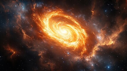 Obraz premium Bright glowing spiral galaxy with swirling arms emitting fiery orange light in deep space surrounded by stars and cosmic dust