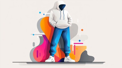 Person wearing hoodie and joggers, standing against abstract colorful background