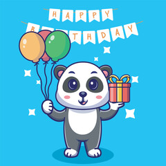 Illustration vector grapich of panda holding balloons and gift perfect for birthday card and invitation 