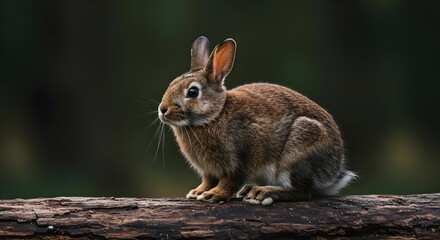 Fototapeta premium Brown Rabbit Sitting Elegantly on a Log in a Lush Forest Setting