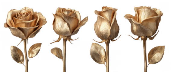 Set of Four Golden Roses on Transparent Background