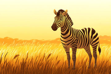 Fototapeta premium A serene zebra stands gracefully in a golden grassland at sunset, embodying tranquility