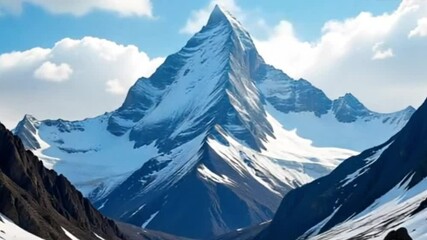 A snow-capped mountain range under a partly cloudy sky