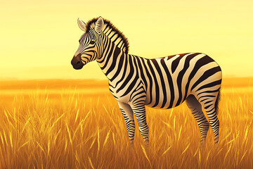 Fototapeta premium A majestic zebra standing gracefully in a golden grassland at sunset, embodying nature's beauty