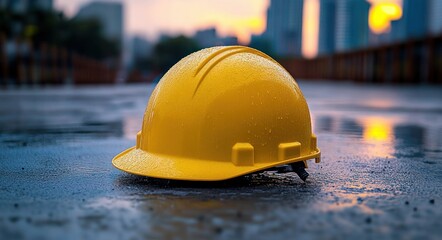 yellow construction helmet with water droplets lying on wet pavement with blurred city buildings and sunset in background