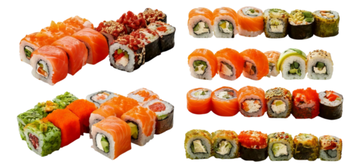 Colorful Assortment of Sushi Rolls Featuring Fresh Ingredients and Varieties, Isolated on Transparent, white background