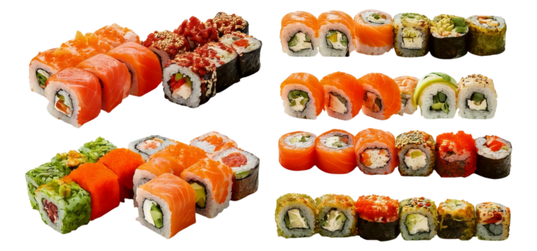 Colorful Assortment of Sushi Rolls Featuring Fresh Ingredients and Varieties, Isolated on Transparent, white background
