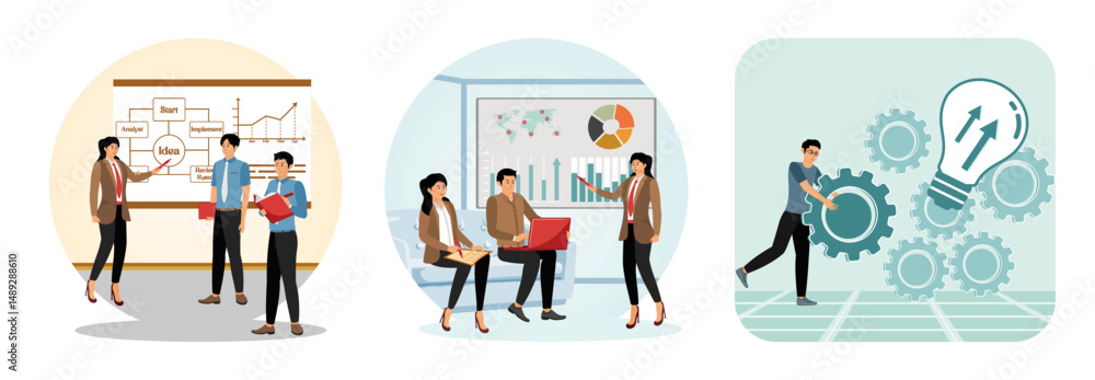 Poster leadership presentation concept. project implementation. project progress or development.