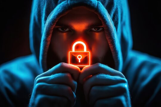 Mysterious Individual Holding Glowing Lock Symbol in Dark Environment