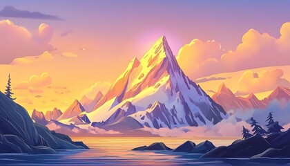 landscape cartoon illustration nature, mountain, lake, river