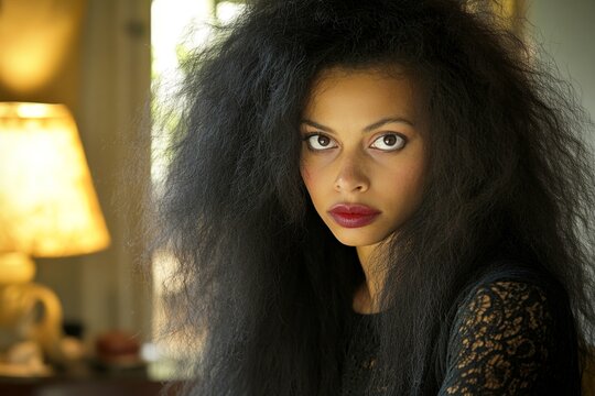 Commercial promotion idea. Long haircut - afro hair. Gorgeous calm mixed-race girl - for ads, brochure and web marketing use. Vibrant colored hair advertising. African beauty vibrancy.