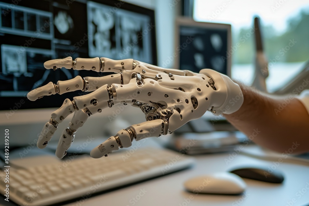 Poster modern robotic hand prototype in technology research lab setting