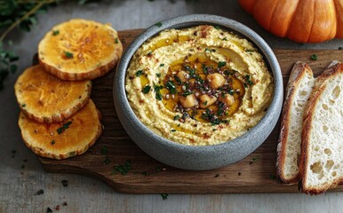 Creamy hummus served in a stone bowl garnished with chickpeas, olive oil, and herbs placed on a wooden board alongside toasted bread slices and roasted sweet potato rounds