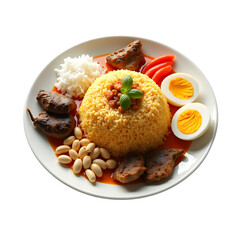 Exquisite Nasi Uduk Display, A Photorealistic Still Life Depiction of Indonesian Coconut Rice Dish with Various Side Dishes