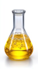 Laboratory Flask with Bubbling Yellow Liquid on White Background
