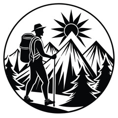 Fototapeta premium Silhouette of a Hiker with Mountain and Sunrise Landscape