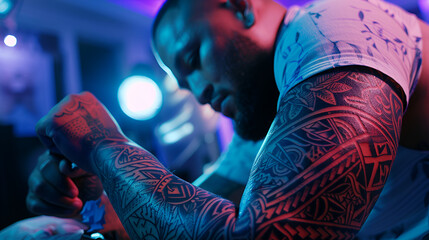 Man with tribal tattoos on arms in blue and red lighting looking down with floral shirt on body .