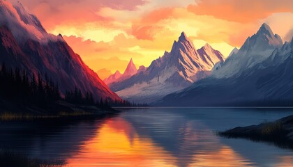 landscape cartoon illustration nature, mountain, lake, river