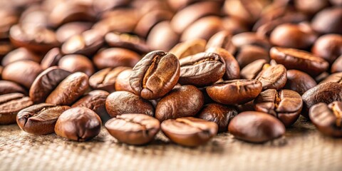Naklejka premium Close-up view of roasted coffee beans, showcasing their rich brown color and intricate textures, scattered on a rustic surface.
