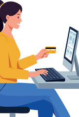 Woman online shopping using credit card at desktop computer vector illustration 