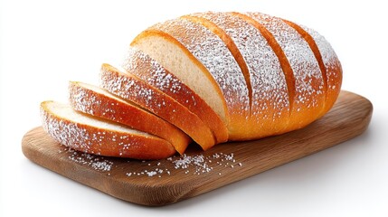 Freshly Sliced Bread on Wooden Cutting Board with Powdered Sugar