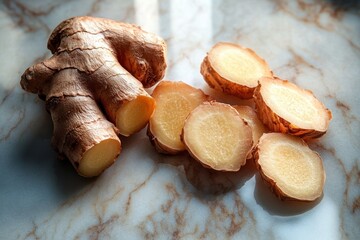 Fresh ginger root and several round slices of ginger placed on a smooth marble surface with soft lighting highlighting texture and freshness