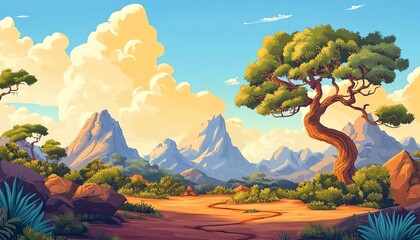 landscape cartoon illustration nature, mountain, lake, river