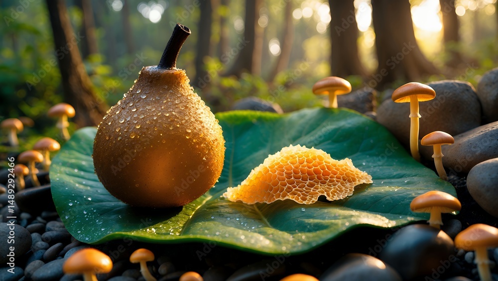 Poster pear and honeycomb resting on leaf with mushrooms in forest