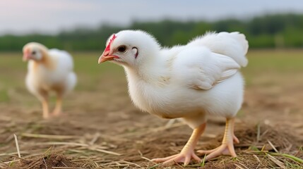 Charming baby chick walking on straw in open field capturing the essence of farm life
