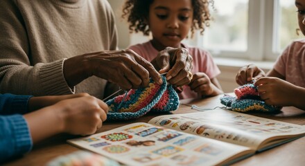 Family crafts Grandmother teaches knitting skills