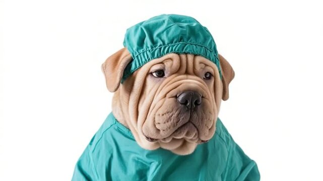 Dr. Dog: An adorable Shar Pei dog dressed in medical scrubs and a cap, conveying a sense of warmth and care. A heartwarming and humorous image perfect for veterinary or pet-related content.