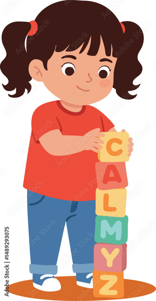 Poster little girl playing with colorful alphabet blocks stacking letters vertically vector illustration