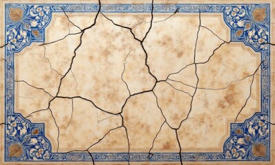 Cracked vintage tile design with blue floral patterns and warm earthy tones.