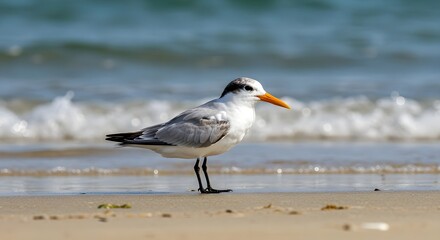 Fototapeta premium Beautiful Bird Standing on Beach with Ocean Waves in Background