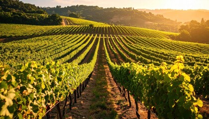 Fototapeta premium Summer vineyard with distant hills