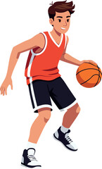 Naklejka premium Young male basketball player dribbling orange ball in sporty outfit vector illustration 