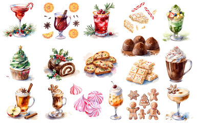 set of Xmas sweets and drinks, including Snowflake Eggnog Cocktail, Peppermint Hot Chocolate, Cinnamon Apple Cider, Christmas Tree Cupcake, Gingerbread Cookie, Mini Yule Log, Red Christmas Martini