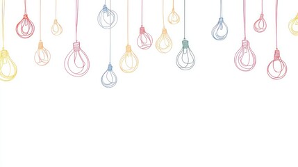 Colorful lightbulbs hanging, white background, idea concept, website banner