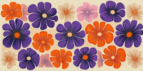 Colorful seamless pattern of large floral shapes in purple, orange, pink, and beige on a light background conveying a cheerful and lively mood