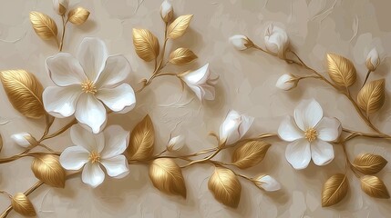 3D wallpaper with white flowers and golden leaves on beige textured background, abstract decorative art style for modern interior design. High-resolution botanical mural pattern for luxury home decor,