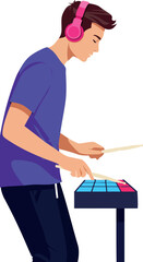 Fototapeta premium Young man playing electronic drum pad with pink headphones in casual outfit vector illustration 