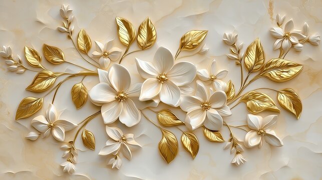 3D wallpaper with white flowers and golden leaves on beige textured background, abstract decorative art style for modern interior design. High-resolution botanical mural pattern for luxury home decor,