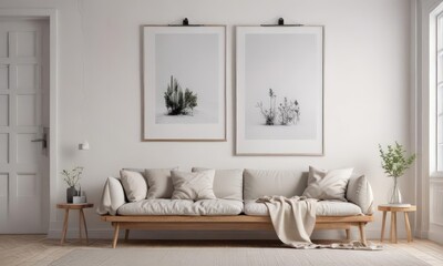 Cozy home interior, poster mockup on white wall with clips,  studio,  template