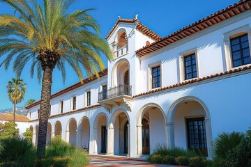 Fototapeta premium Sunny day view of white Mediterranean-style building with arched colonnade and palm trees under clear blue sky