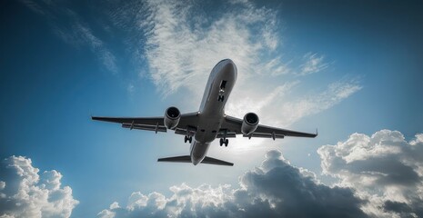 Fototapeta premium Commercial airplane flying low over clouds with bright blue sky and sunlight behind the aircraft wing