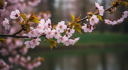 Obraz premium Serene Sakura Blossoms by a Tranquil Pond in Springtime Glow