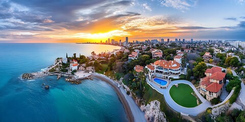 Stunning aerial view of coastal city at sunset beachfront real estate scenic landscape vibrant environment